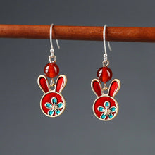 Load image into Gallery viewer, Red earrings antique rabbit earrings with cheongsam retro sterling silver ethnic earrings