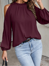 Load image into Gallery viewer, New women's net color ruffle round neck, long sleeves, creased pleats, off-the-shoulder fashion blouse