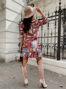 Vintage mid-rise print long sleeve short skirt temperament commuter womenswear