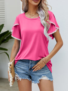 Summer new round neck fringed tulip sleeve T-shirt casual top woman