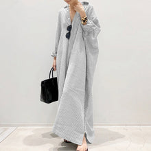 Load image into Gallery viewer, Cotton and linen striped cardigan loose size commuting irregular dress