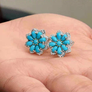 Bohemian Vintage Turquoise Stud Earrings Women's Snow Flower Diamond Antique Silver Earrings