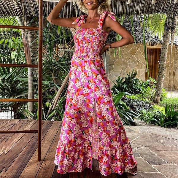Sexy printed suspender party diagonal collar bow split sleeveless Ruffle Dress