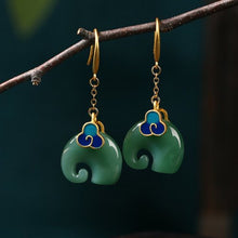 Load image into Gallery viewer, Gold-plated cold enamel Xiangyun elephant imitation Hetian jade vintage cheongsam wind earrings earrings earrings jade jewelry