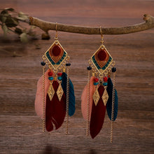 Load image into Gallery viewer, Fringed bohemian red earrings, vintage feather earrings