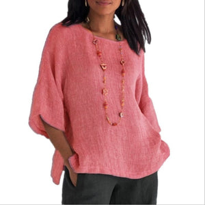 Women's Short-sleeve Round Neck Cotton and Linen Shirt Tops