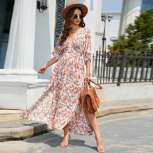 Load image into Gallery viewer, Sexy deep V-neck small florals cinched waist maxi dress resort-inspired dress