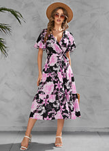 Load image into Gallery viewer, Summer print V-neck midi midi dress with a nipped-in waist