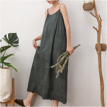 Load image into Gallery viewer, Solid color dress embroidered loose waist suspender bottom cotton linen maxi skirt