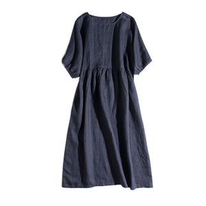 Japanese fashion Summer Cotton loose large women's clothing lose waist thin round neck short sleeve dress
