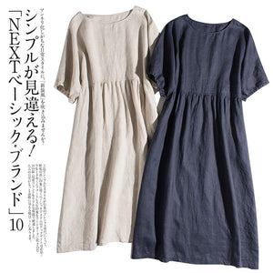 Japanese fashion Summer Cotton loose large women's clothing lose waist thin round neck short sleeve dress