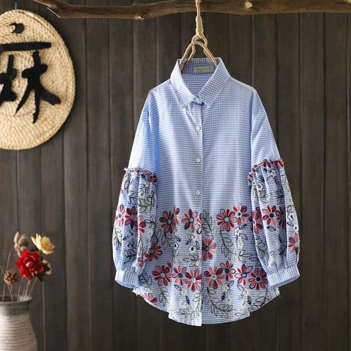 National style heavy industry embroidered white shirt