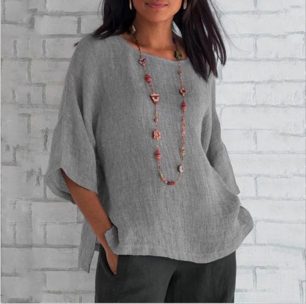 Women's Short-sleeve Round Neck Cotton and Linen Shirt Tops