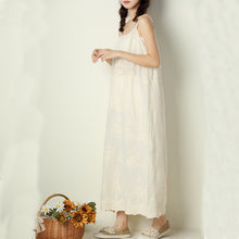 Load image into Gallery viewer, Solid color dress embroidered loose waist suspender bottom cotton linen maxi skirt