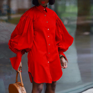 Loose Puff Sleeve Solid Color Lapel Long Sleeve Shirt Dress