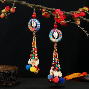 Retro national style contrast color pommel Earrings exaggerated personality Bohemian holiday long tassel temperament Earrings women