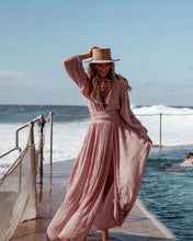 Load image into Gallery viewer, Stylish balloon sleeves cotton hemp resort V-neck split dress