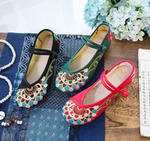 Load image into Gallery viewer, Canvas embroidered cloth shoes women&#39;s shoes single shoe one-line buckle low heel