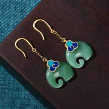 Load image into Gallery viewer, Gold-plated cold enamel Xiangyun elephant imitation Hetian jade vintage cheongsam wind earrings earrings earrings jade jewelry