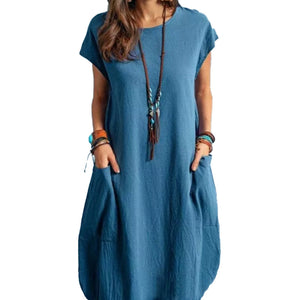 Spring and Summer Cotton Hemp Loose Casual Solid Color Pocket Dress Women's Wear