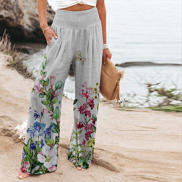 New Women's Elastic Printed High Waist Pocket Casual Wide Leg Pants