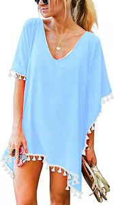 Crewneck chiffon fringed dress loose fit beach blouse