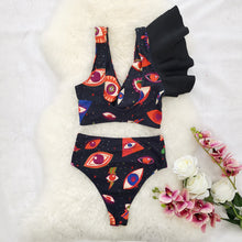 Load image into Gallery viewer, One-Shoulder Ruffled Split Swimsuit High Waist Cutout Eye Print Bikini