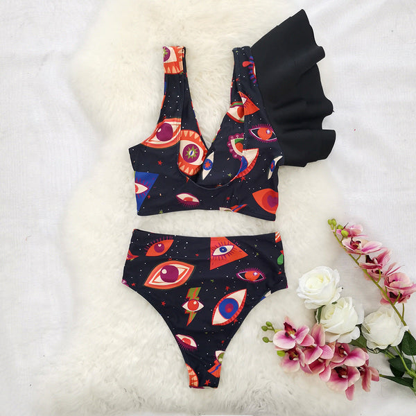 One-Shoulder Ruffled Split Swimsuit High Waist Cutout Eye Print Bikini