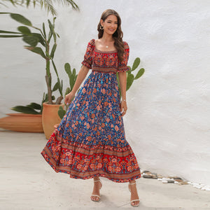 Bohemian beach resort dress one shoulder puff sleeve midi dress