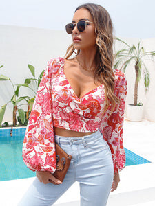 Spring and summer crossover V-neck print crop top chiffon