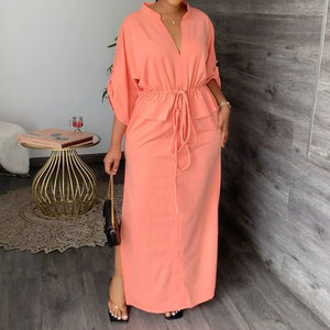 Women's casual fashion stand-up collar split length dress solid color dress