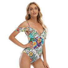 Load image into Gallery viewer, women&#39;s sexy printed retro swimsuit with double shoulder triangle one-piece