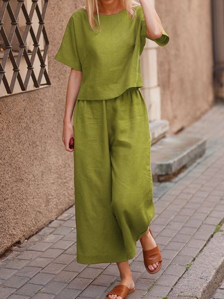 New linen casual loose solid color suit two-piece set