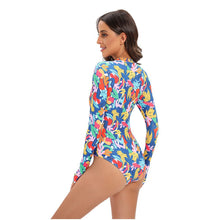Load image into Gallery viewer, Women&#39;s One Piece Long Sleeve Surfwear Multicolor Print Zip Swimsuit