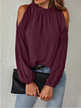 Load image into Gallery viewer, New women's net color ruffle round neck, long sleeves, creased pleats, off-the-shoulder fashion blouse