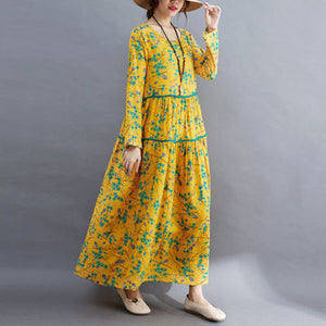 Spring and Autumn New Vintage Printed Dress Long Dress