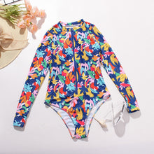 Load image into Gallery viewer, Women&#39;s One Piece Long Sleeve Surfwear Multicolor Print Zip Swimsuit