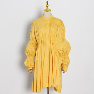 Loose personality fashion pleated stand collar Lantern Sleeve solid color irregular dress