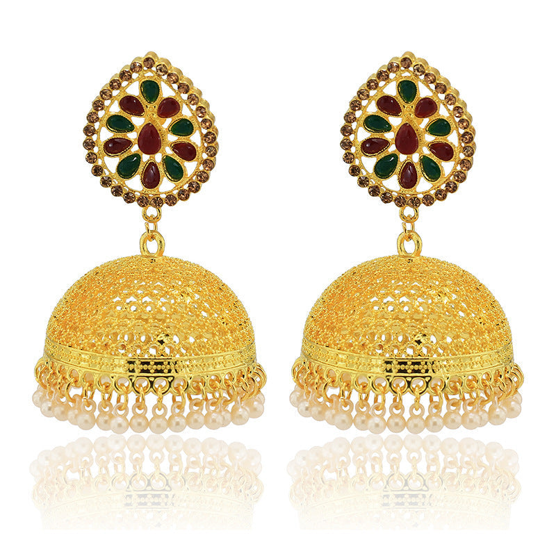 New Nepalese National Style Gold-plated Earrings Bell Pearl Earrings Inlaid with Colored Diamond Palace Retro Earrings