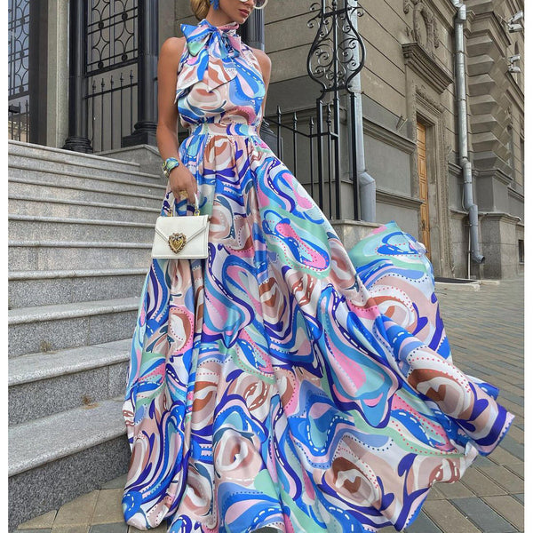 French dress chiffon halter type blue high-waist temperament printed dress