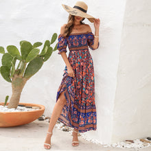 Load image into Gallery viewer, Bohemian beach resort dress one shoulder puff sleeve midi dress