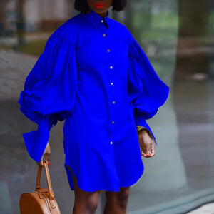 Loose Puff Sleeve Solid Color Lapel Long Sleeve Shirt Dress
