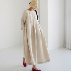Loose Plus-size Dress Fat Japanese Cotton and Linen Round Neck Pullover Solid Color Long Skirt Big Swing Dress