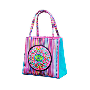 New Ethnic Style Bag Women's Handheld Double Pull Bag Versatile Small Square Bag Striped Hand Bag