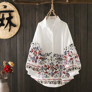 National style heavy industry embroidered white shirt