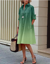 Load image into Gallery viewer, Spring and summer fashion gradient print shirt collar, long sleeve pockets, midi dress