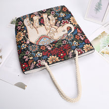 Load image into Gallery viewer, Ethno-style black flower elephant double-sided jacquard embroidery with gold wire canvas chain tote shoulder bag