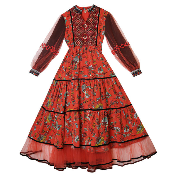 Retro ethnic style women's dress long sleeve midi dress