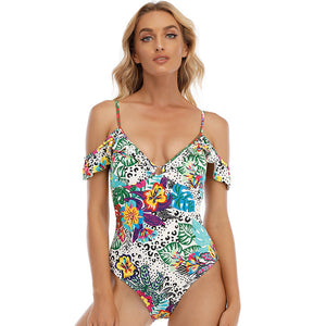 women's sexy printed retro swimsuit with double shoulder triangle one-piece