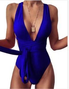 Women's One Piece Swimsuit Solid Color Lace Up Sexy Deep V Backless One Piece Swimsuit